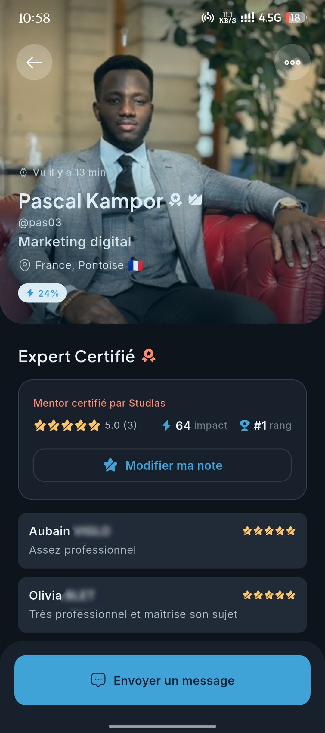Profil d'un Expert Certifié Studlas — écran de l'app