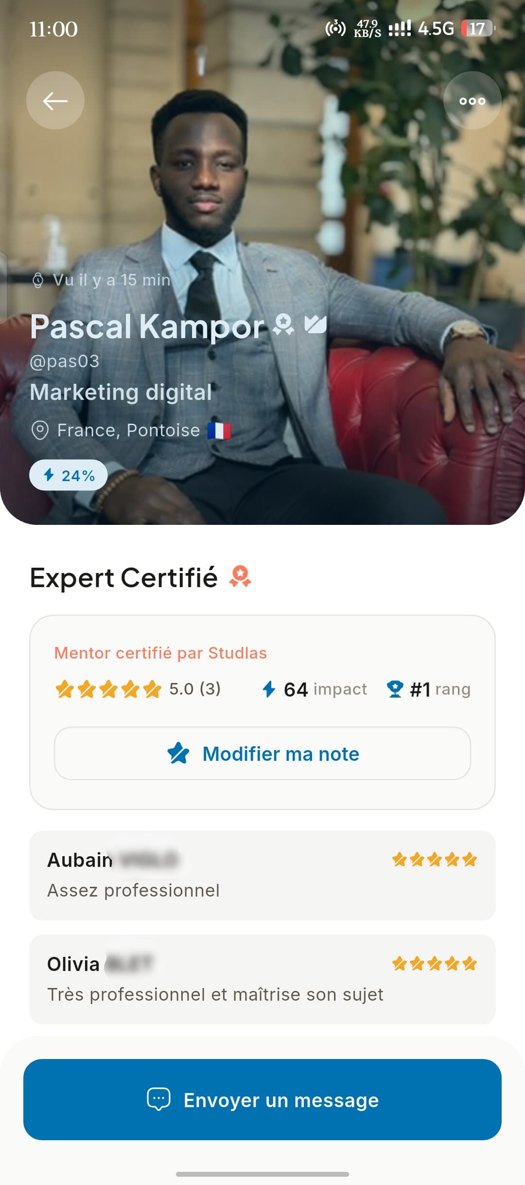 Profil d'un Expert Certifié Studlas — écran de l'app
