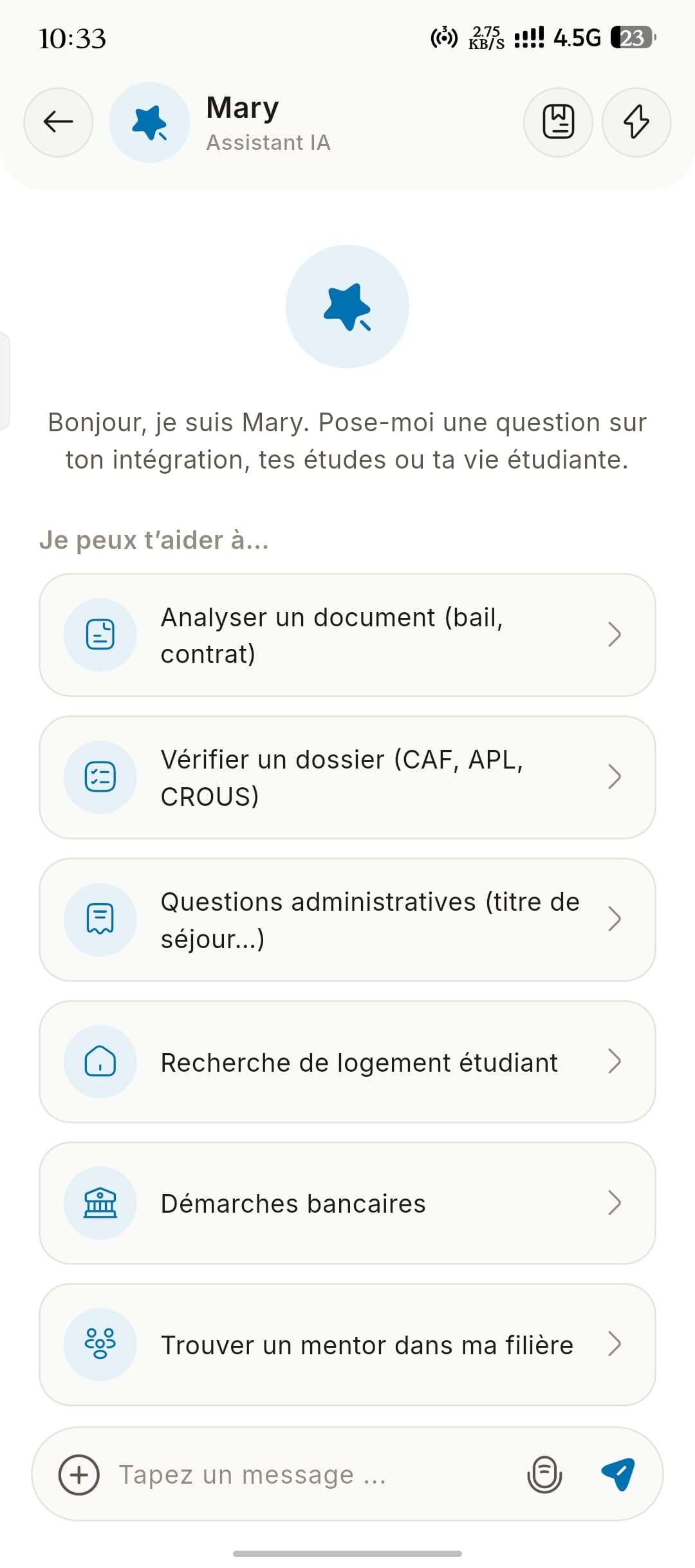 Mary, l'assistante IA de Studlas — écran de l'app
